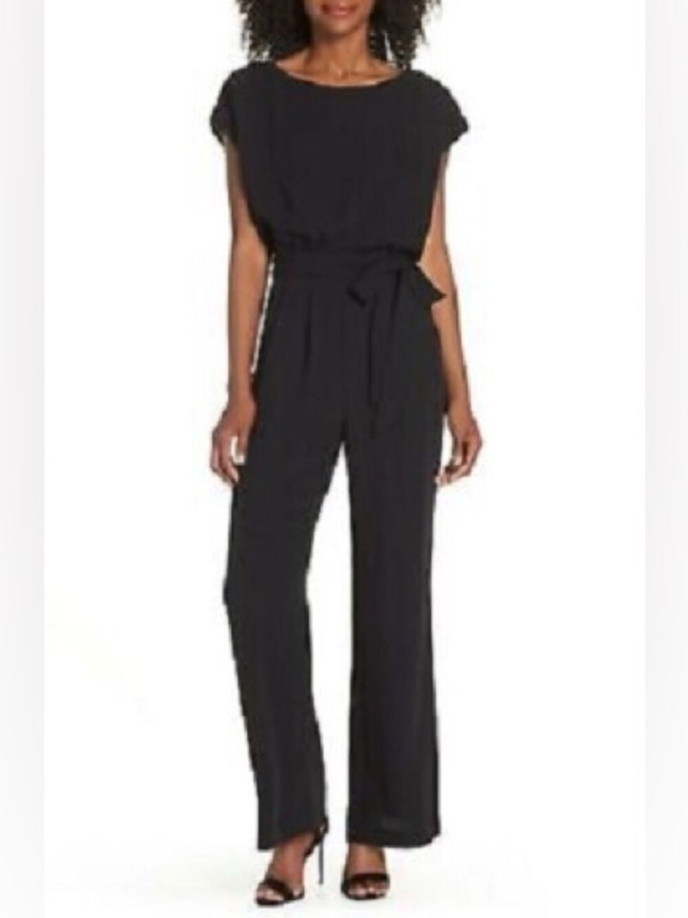 Eliza J Black Cap Sleeve Wide Leg Belted Jumpsuit Size 12